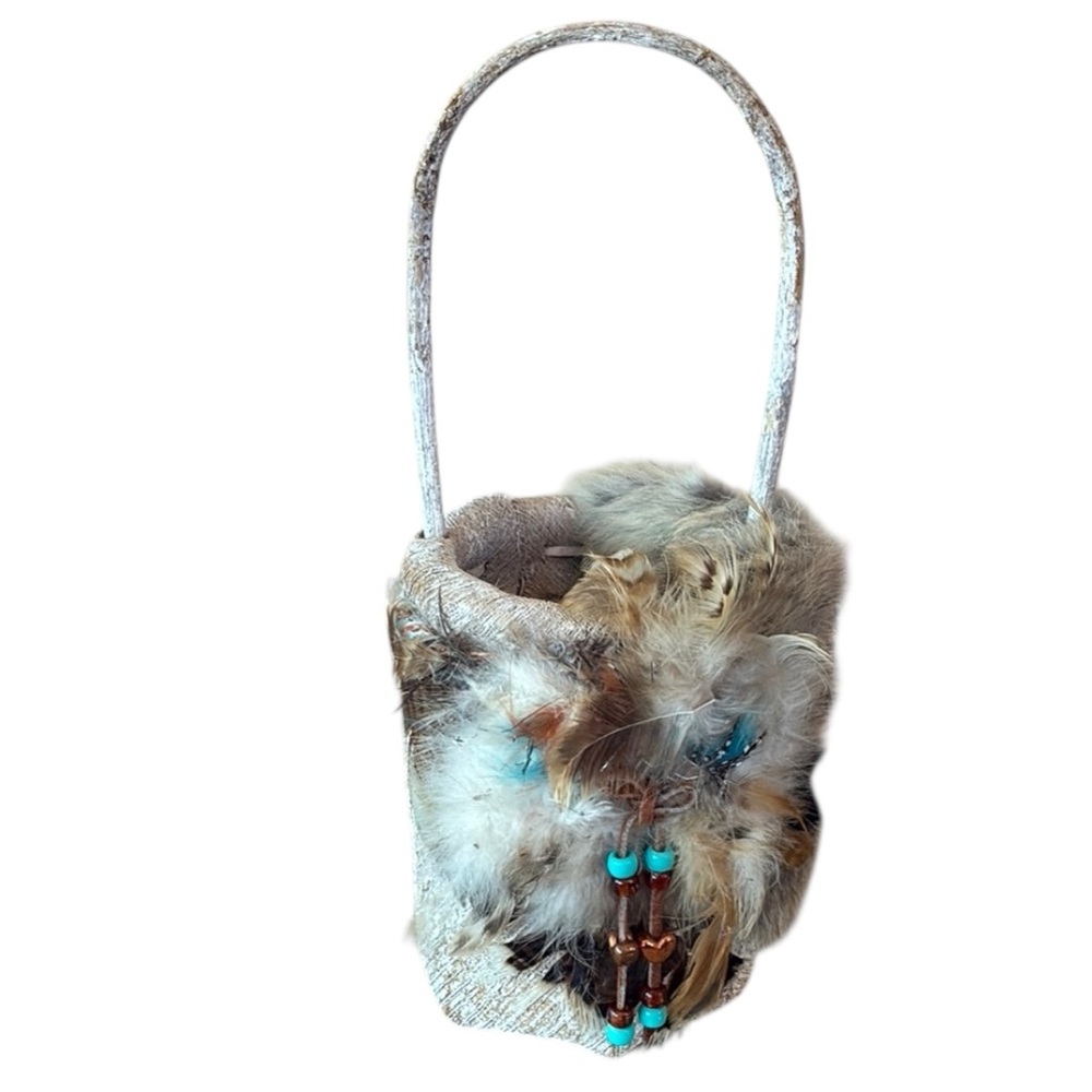 Native People Real Fur and Bark Handled Basket Handcrafted Feathered Bag W/Beads